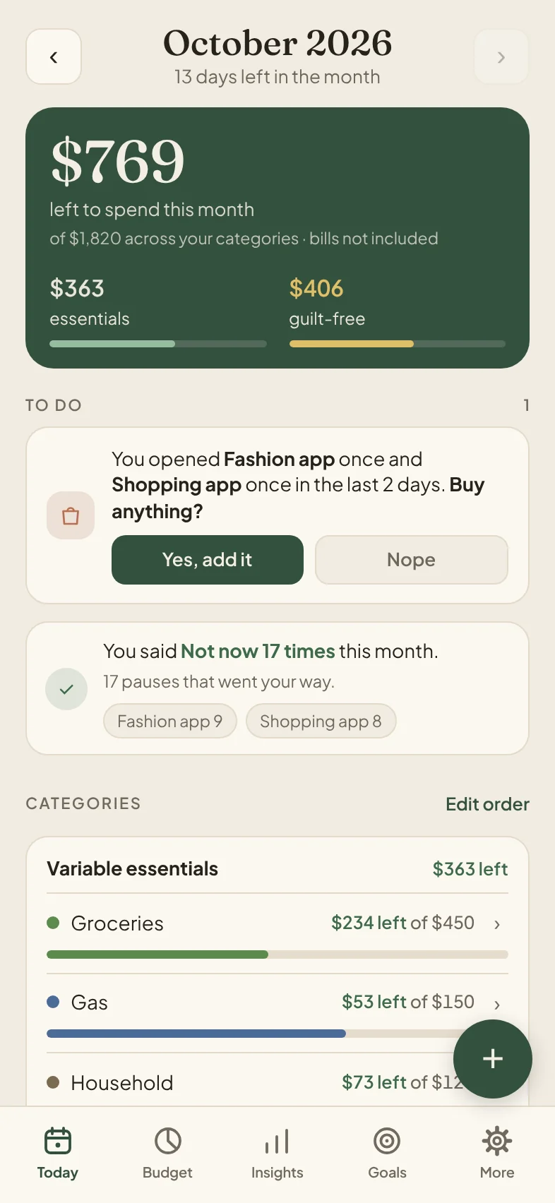 Mull Today screen: $769 left to spend this month, $363 for essentials and $406 guilt-free
